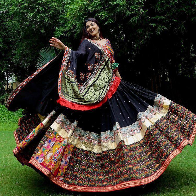 Navratri Special Soft Chinon Silk Lehenga with Digital Print & Real Mirror Work