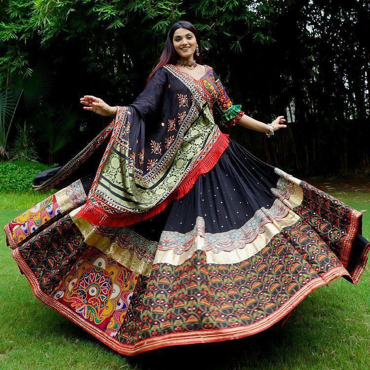 Navratri Special Soft Chinon Silk Lehenga with Digital Print & Real Mirror Work