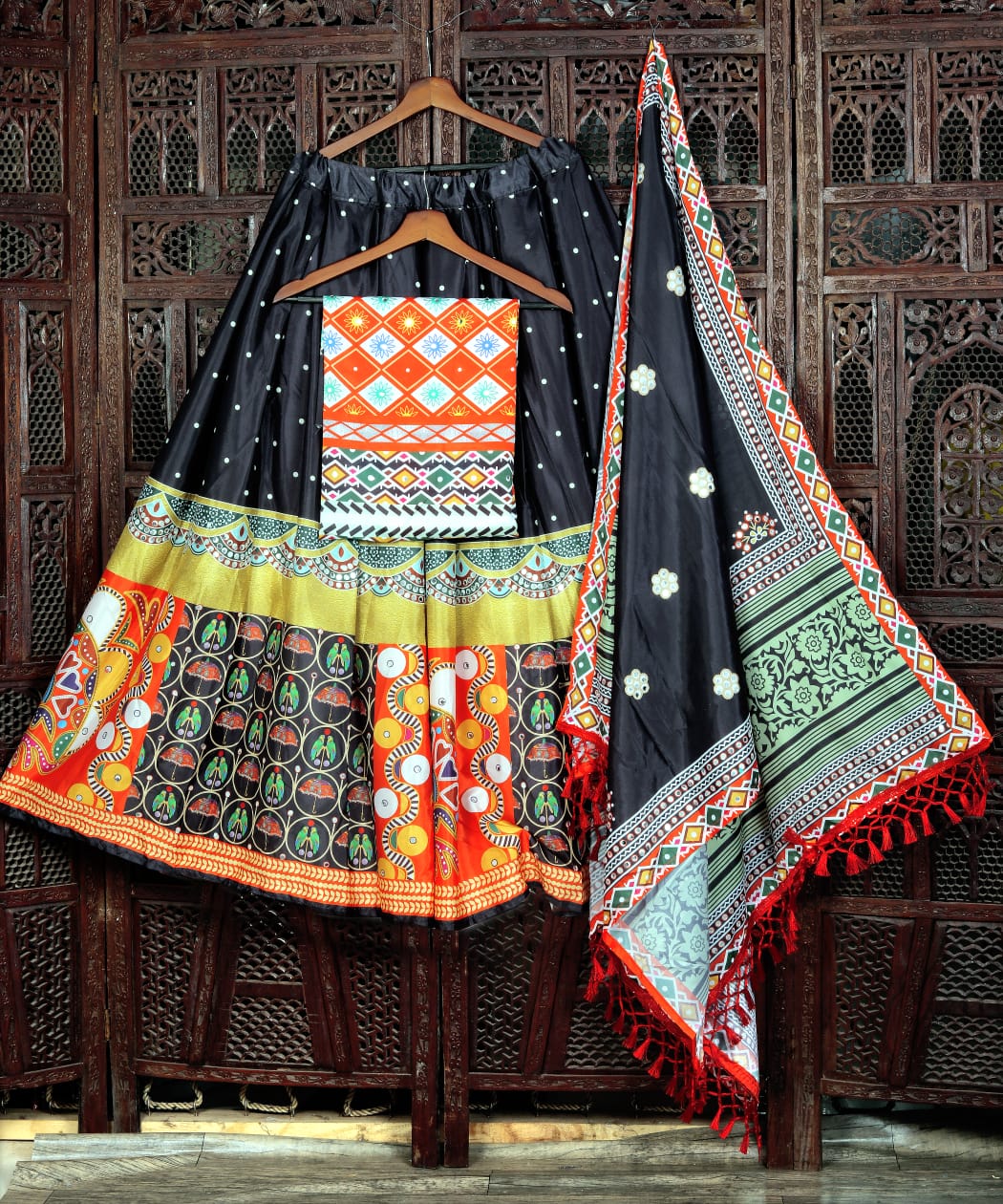 Navratri Special Soft Chinon Silk Lehenga with Digital Print & Real Mirror Work