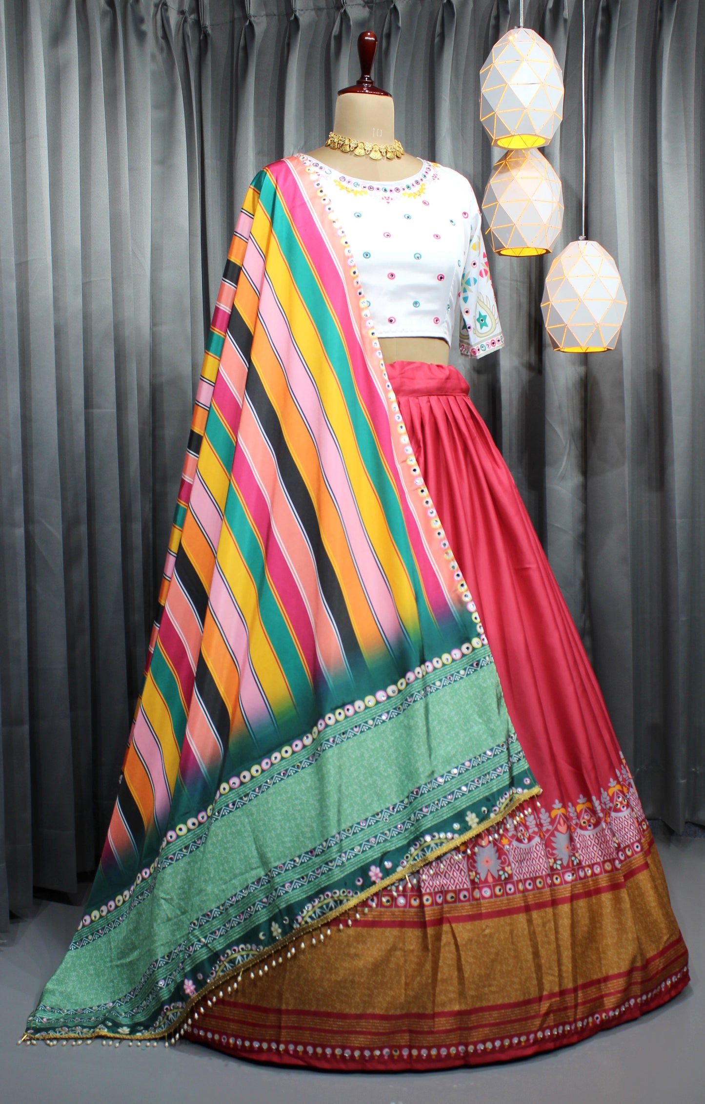 Ready-Made Chinon Silk Navratri Lehenga Choli – Digital Print & Real Mirror Work