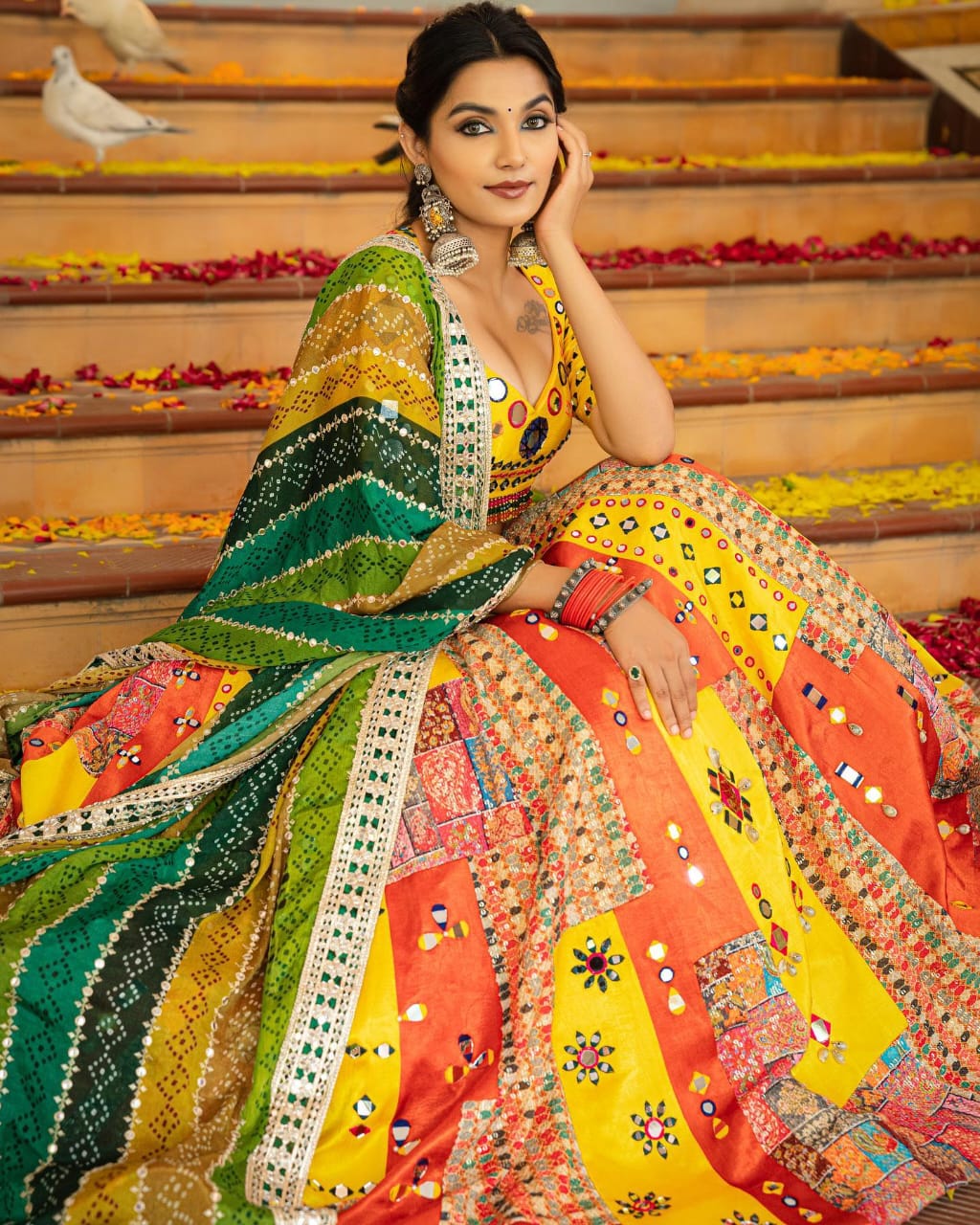 Elegant Butter Silk Lehenga with Digital Print & Real Mirror Work for Navratri