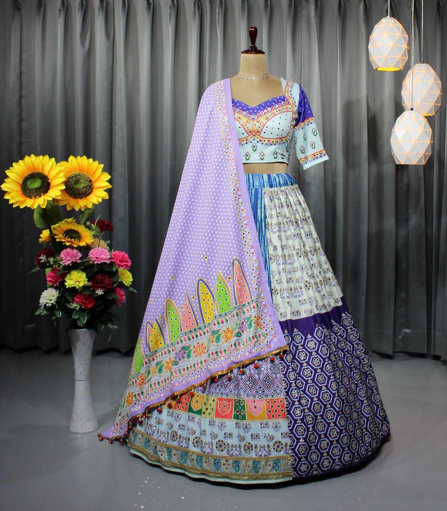 Ready-Made Butter Silk Navratri Lehenga Choli – Digital Print & Real Mirror Work