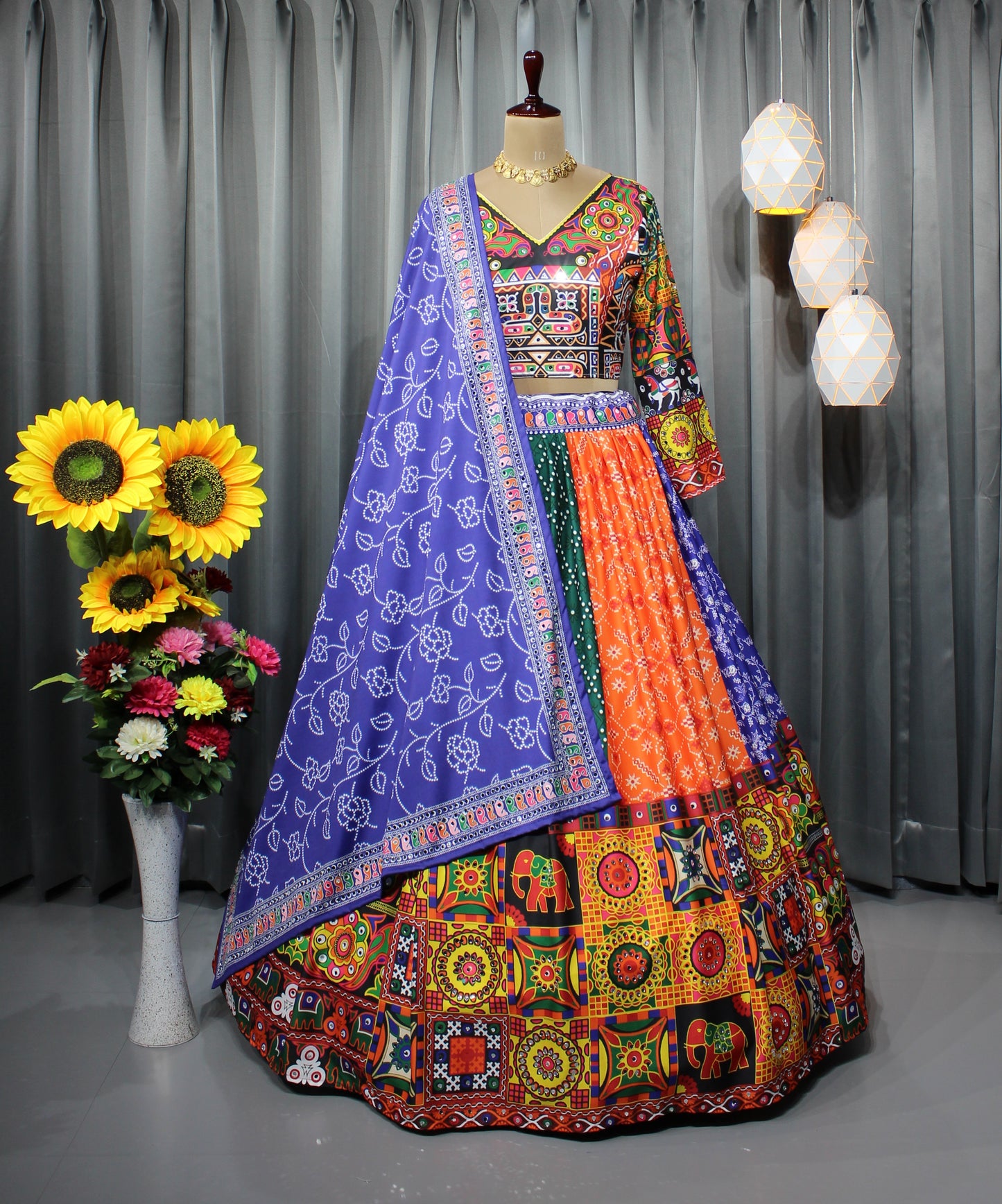 Butter Silk Navratri Lehenga Choli – Stitched with Digital Print & Real Mirror Work