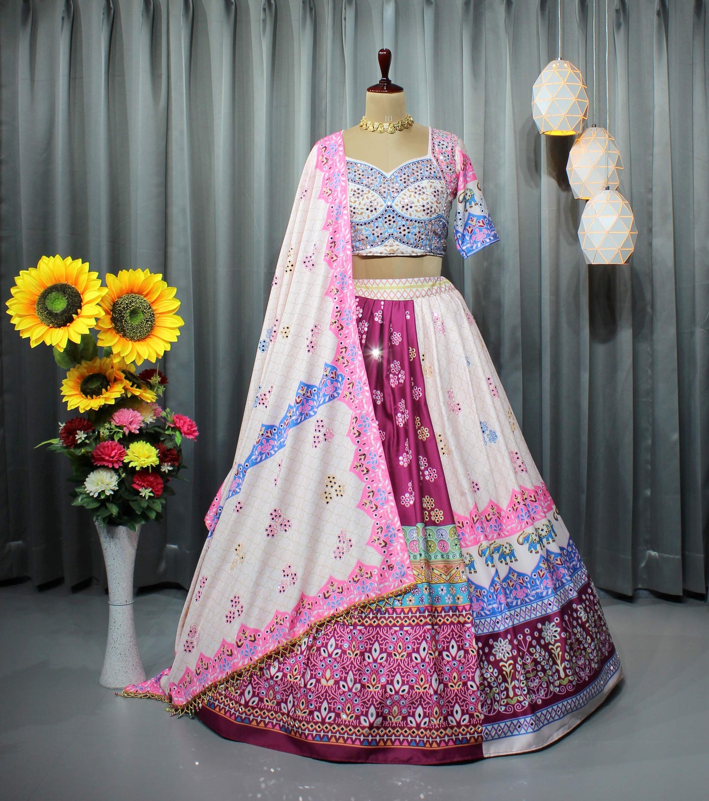Festive Ready Butter Silk Lehenga Choli – Mirror & Digital Print For Navratri Nights