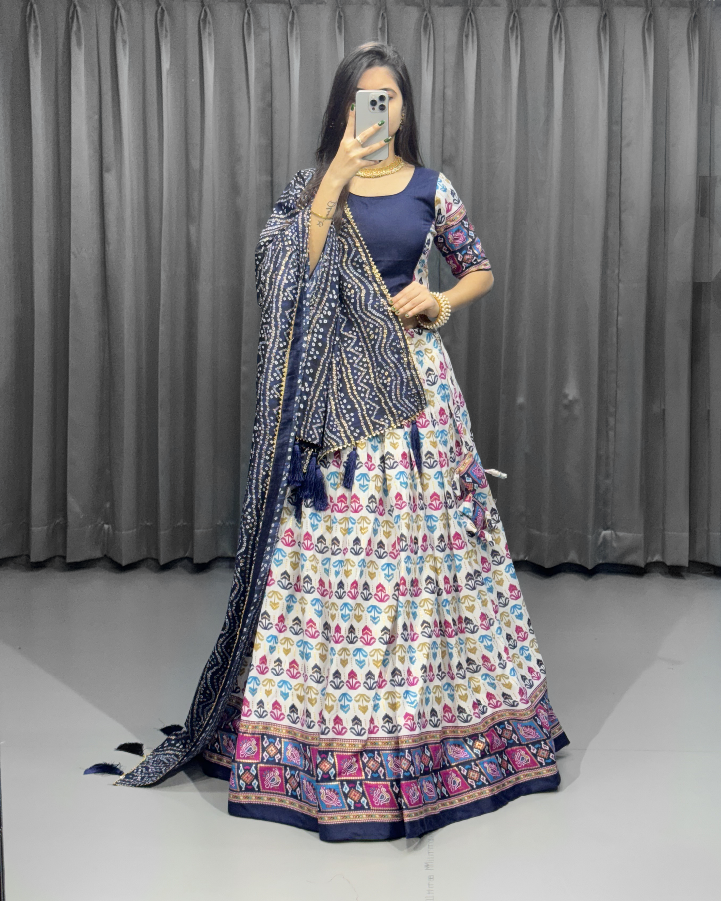 Women’s Cotton Lehenga Choli Set – Foil Print, Bandhani Dupatta, Adjustable Fit