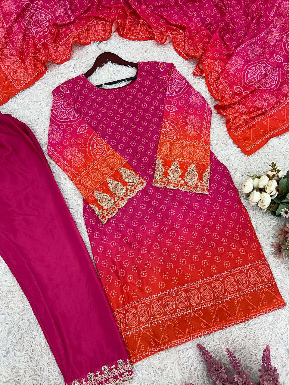Designer Pure Natural Crepe Suit Set with Heavy Embroidery & Digital Print Dupatta | Fully Stitched Ready-to-Wear Ethnic Wear