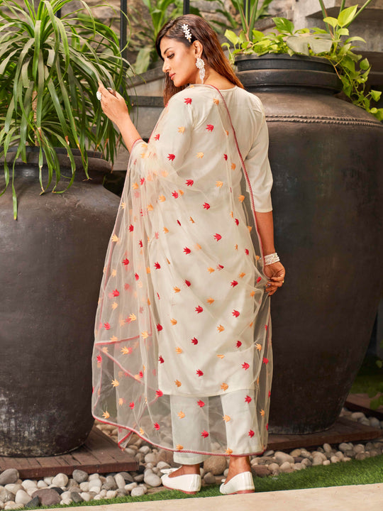 Women's Viscose Chanderi Embroidered Kurta with Pant & Soft Butter Net Dupatta | Readymade 3-Piece Ethnic Suit Set | Elegant & Lightweight Wear for Festive, Party & Semi-Formal Occasions