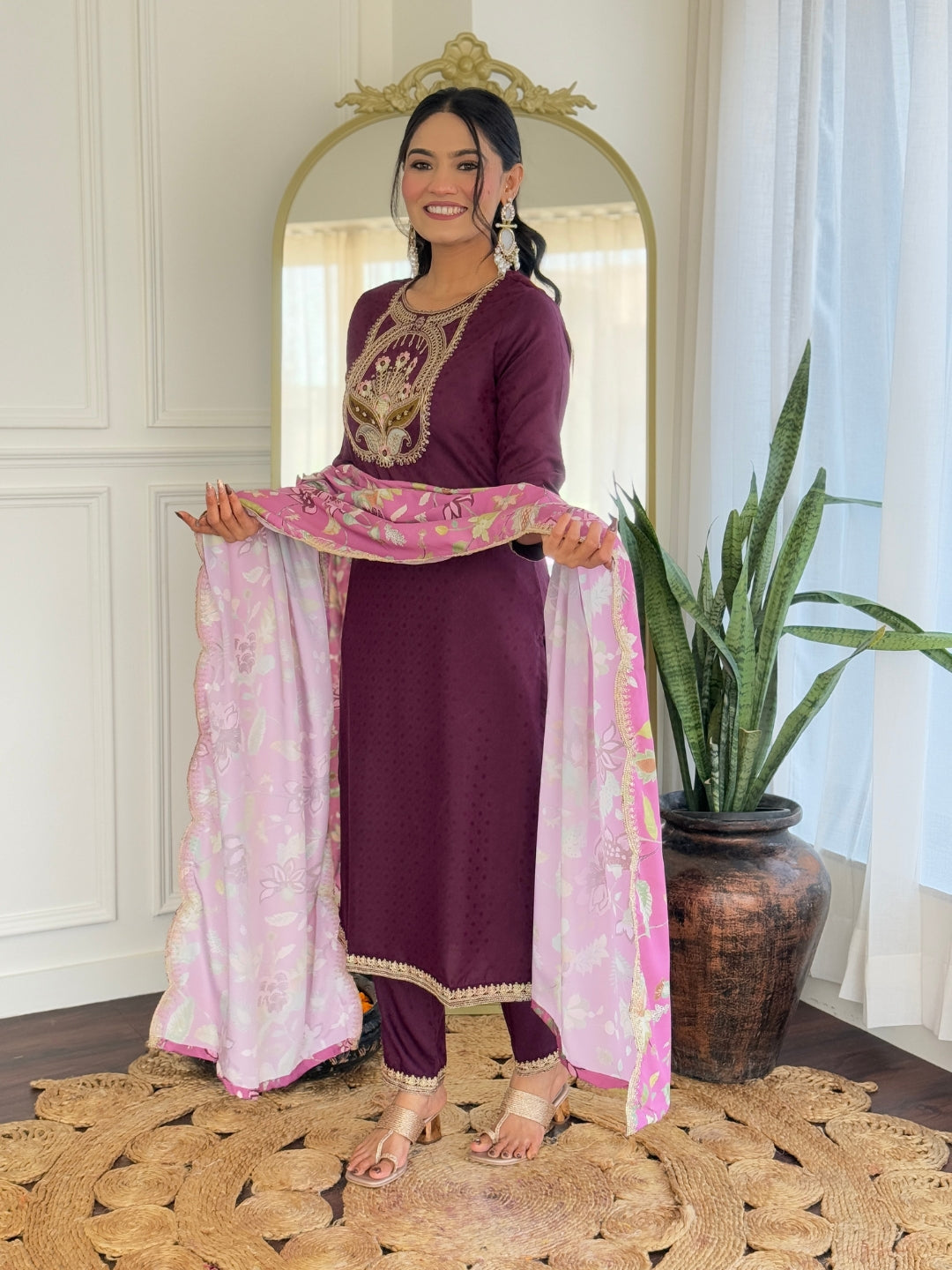 Everyday Ethnic Wear: Embroidered Rayon Suit Set with Elegant Crepe Dupatta