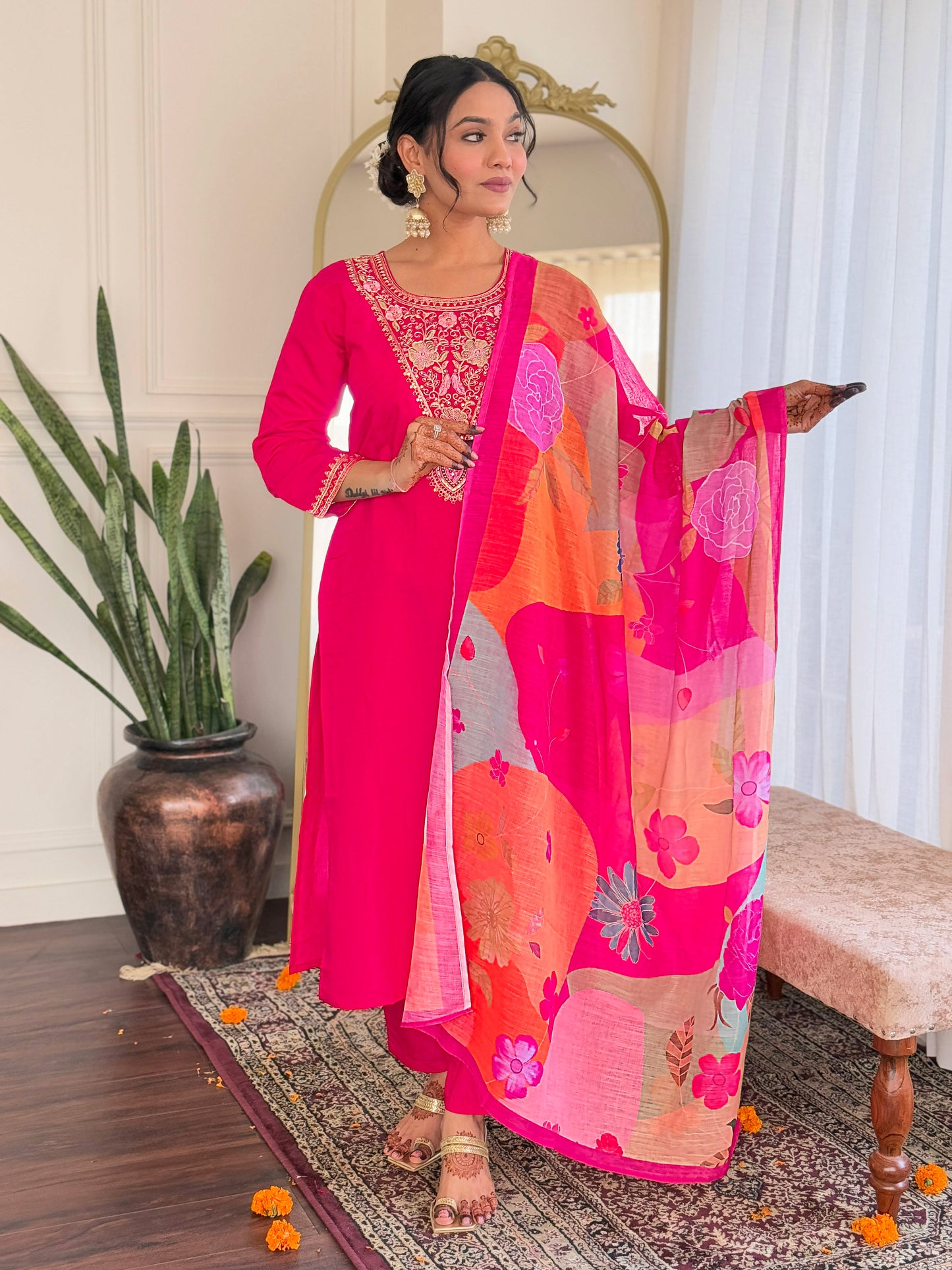 Stylish Embroidered Chanderi Suit with Natural Linen Dupatta