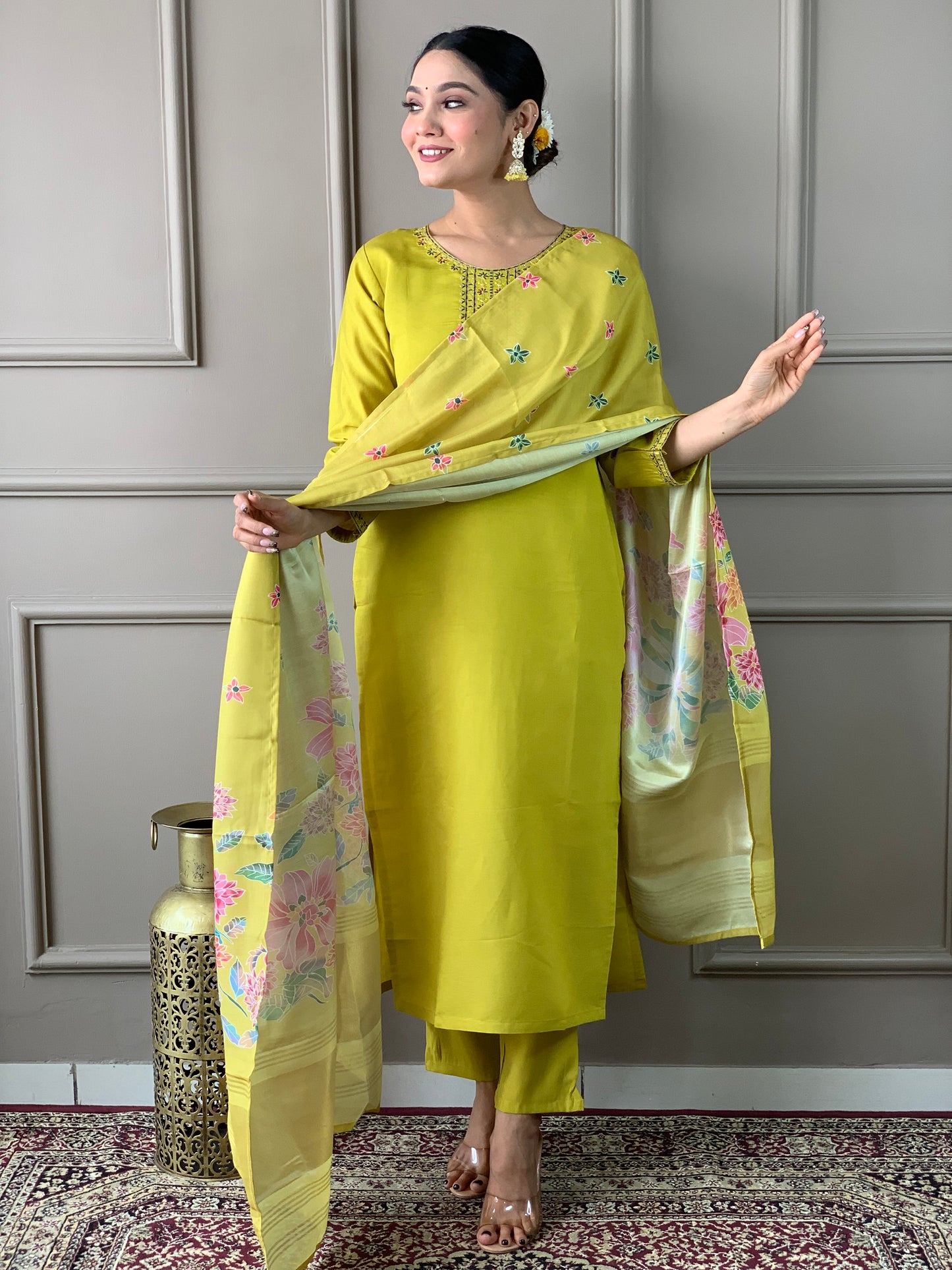 Stylish Viscose Chanderi Suit Set for Women – Round Neck & Embroidered Dupatta