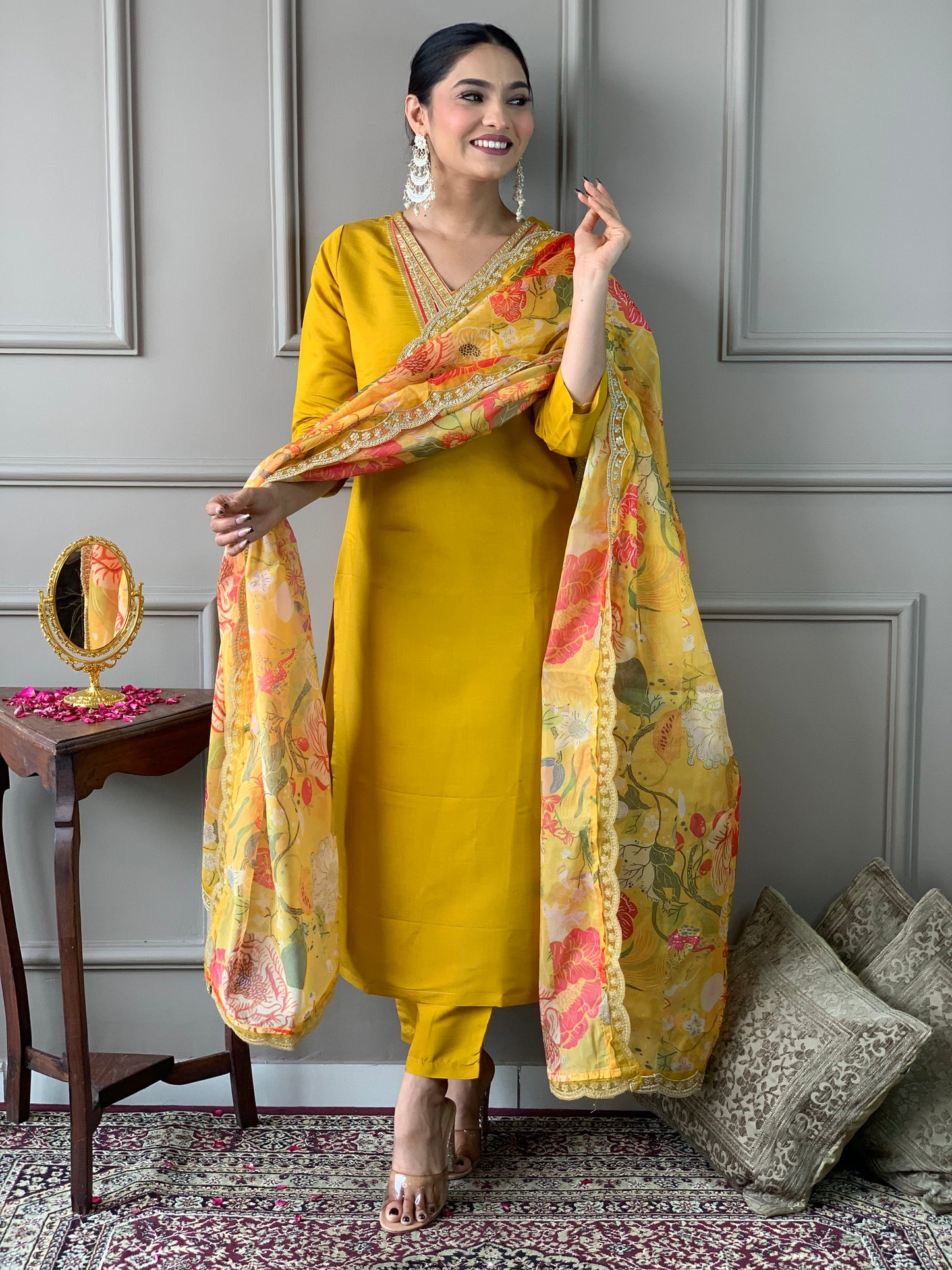 New Stylish Chanderi Embroidered Suit Set with Organza Dupatta