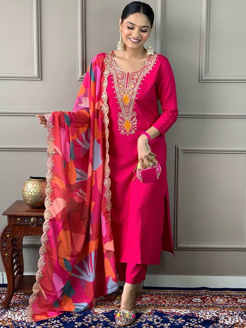 Premium Heavy Roman Fabric Embroidered Suit Set with Chinon Digital Print Dupatta – Ready to Wear