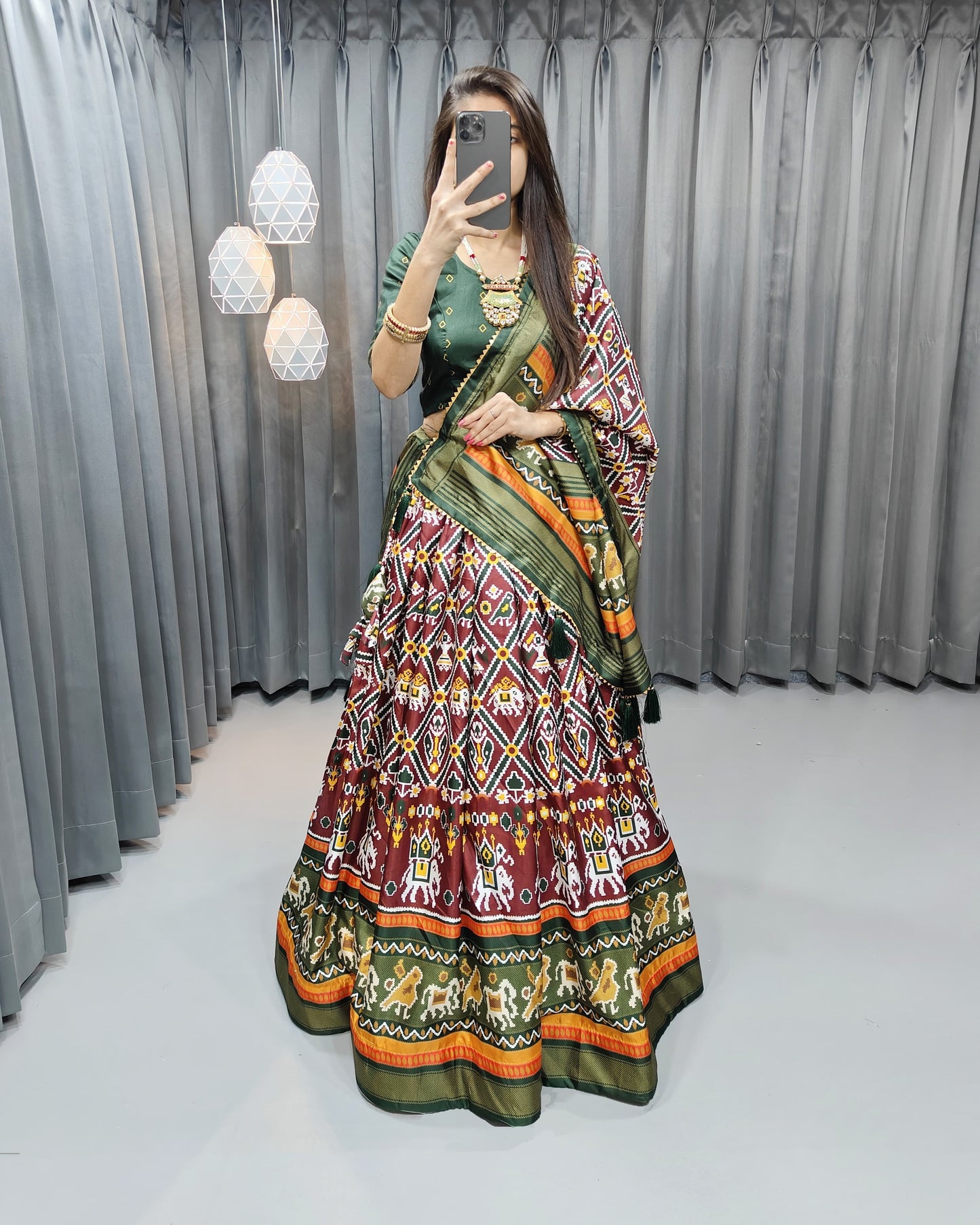 Stitched Tussar Silk Lehenga Choli Set – Printed Design with Fancy Tassels & Lace Dupatta