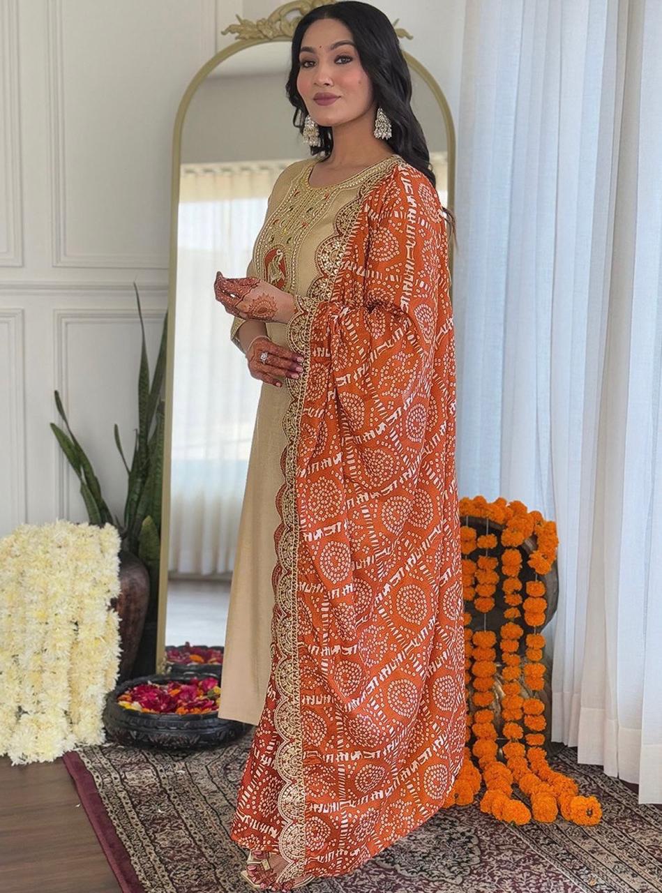Stylish Heavy Roman Embroidered Suit with Chinon Printed Dupatta – Ready to Wear