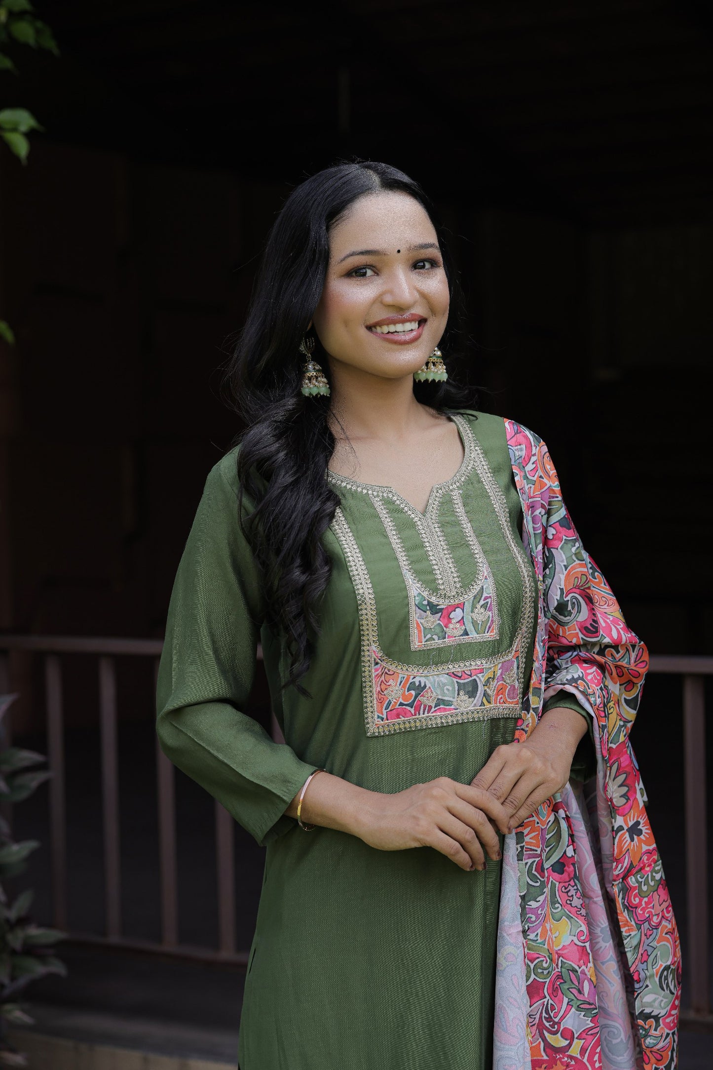 Mehendi Viscose Chanderi Embroidered Kurti Pant Set with French Crepe Dupatta