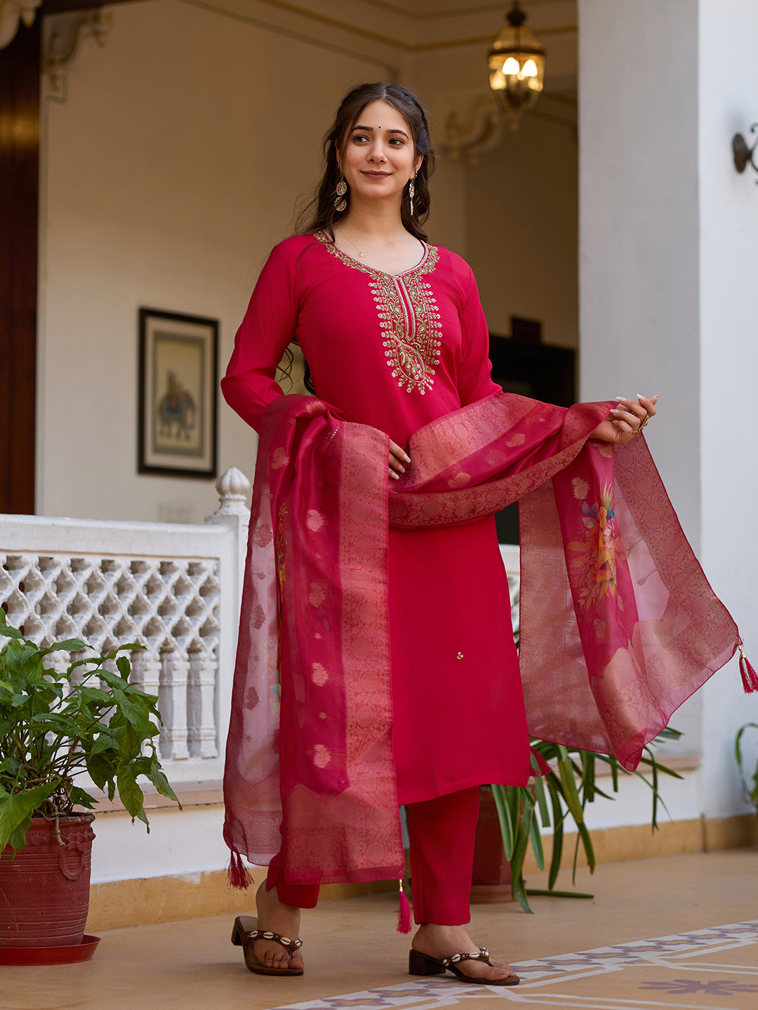Stylish Embroidered Chanderi Ensemble with Flowy Organza Dupatta