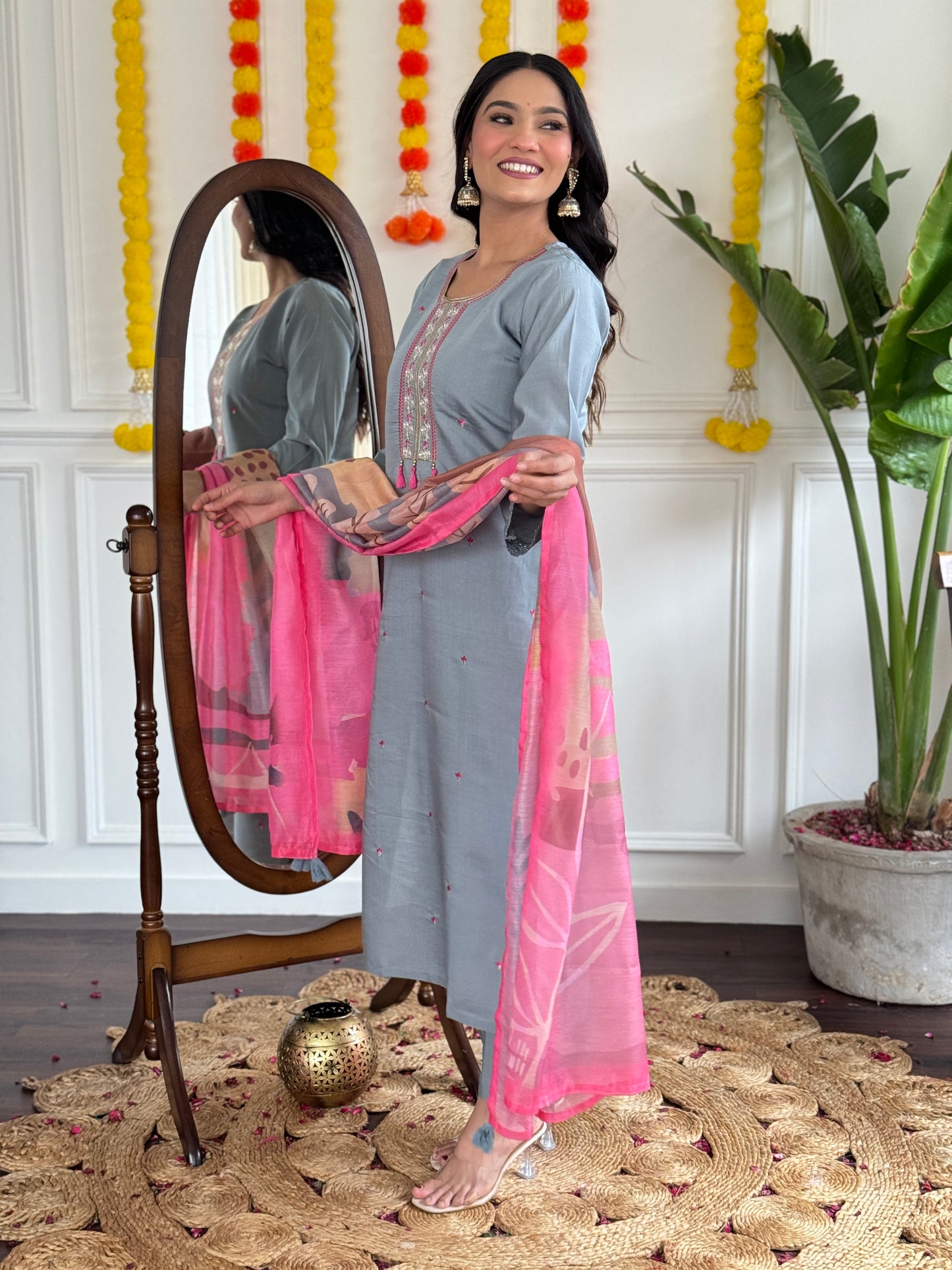 Festive Ready Embroidered Chanderi Suit with Lightweight Linen Dupatta