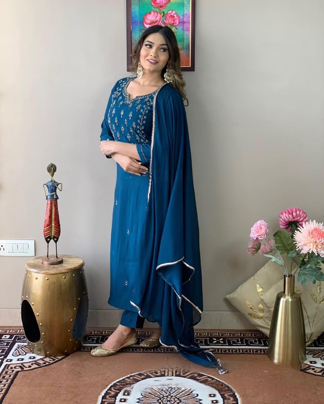 New Latest Embroidered Rayon Slub Suit Set with Pure Chinon Dupatta