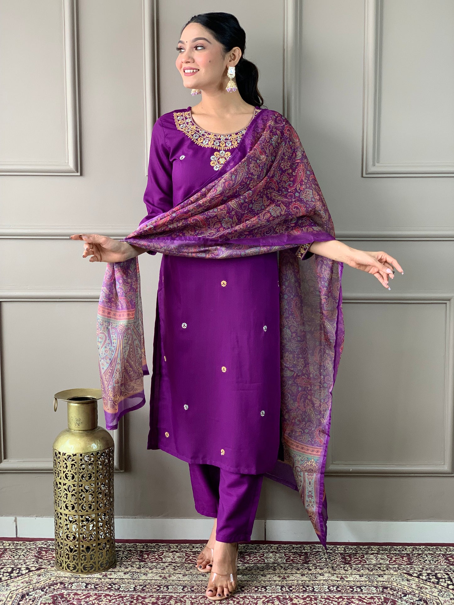Ready-to-Wear Embroidered Rayon Set with Matching Organza Dupatta