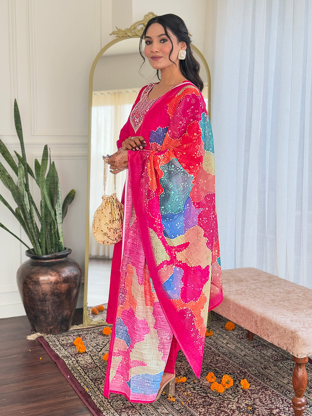 Embroidered Viscose Chanderi Suit Set with Elegant Linen Dupatta – 3-Piece Graceful Ethnic Ensemble