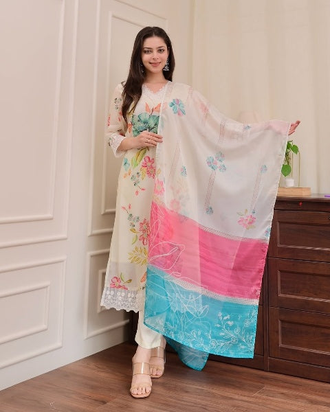 Women's Nylon Taby Embroidered Kurta with Viscose Pant & Dupatta | Readymade 3-Piece Suit Set | Elegant & Comfortable Ethnic Wear for Festive, Casual & Semi-Formal Use
