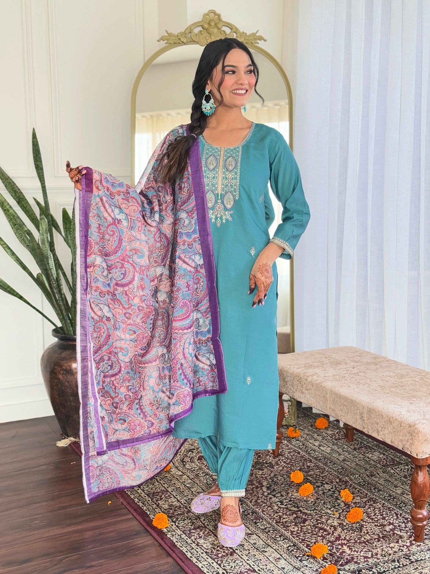 Chanderi Embroidery Suit with Linen Dupatta – Everyday Festive
