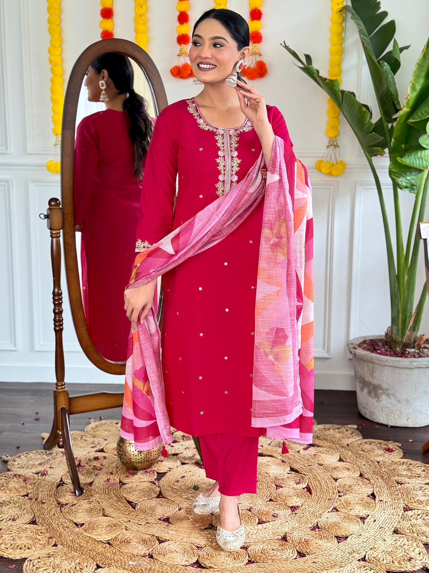Premium Chanderi Embroidered Suit Set with Pure Linen Dupatta – New Arrival