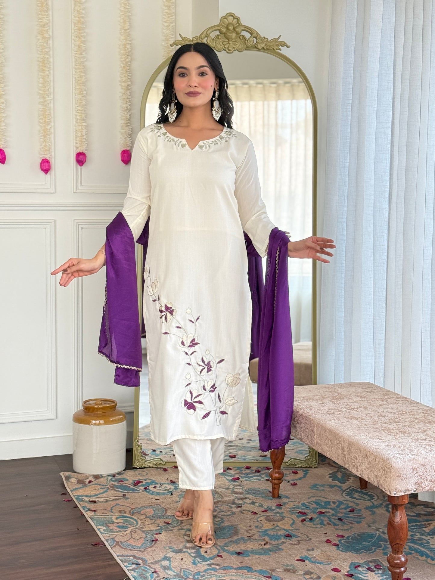 New Designer Embroidered Viscose Rayon Suit Set with Flowing Chinon Dupatta – 3-Piece Ethnic Outfit
