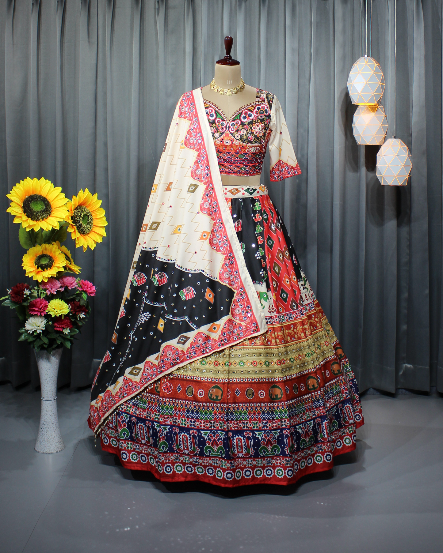 Navratri Glam in Butter Silk – Stitched Lehenga Choli with Mirror & Digital Print