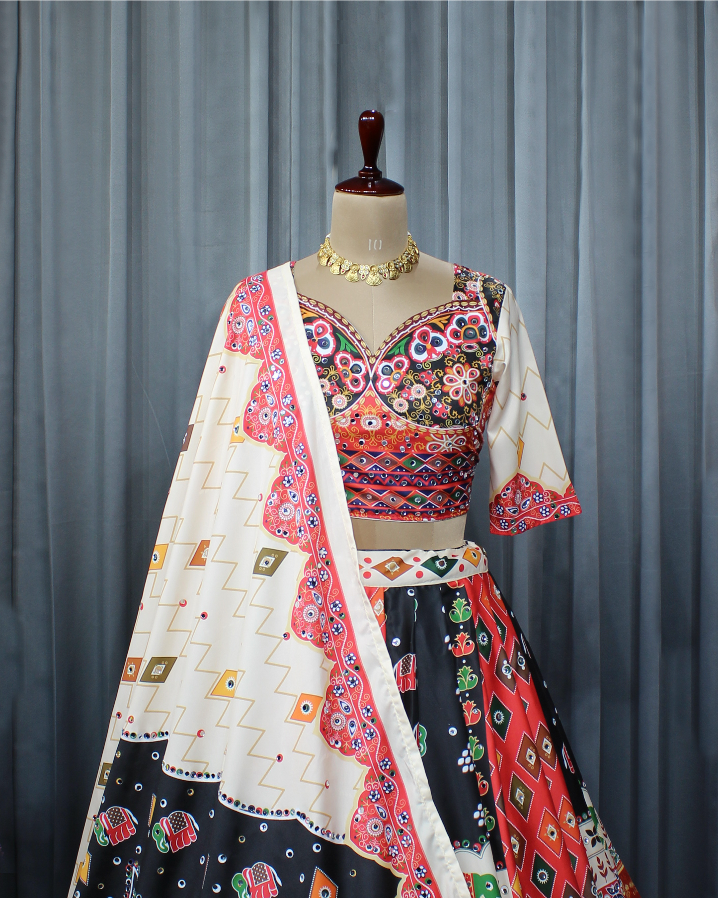 Navratri Glam in Butter Silk – Stitched Lehenga Choli with Mirror & Digital Print