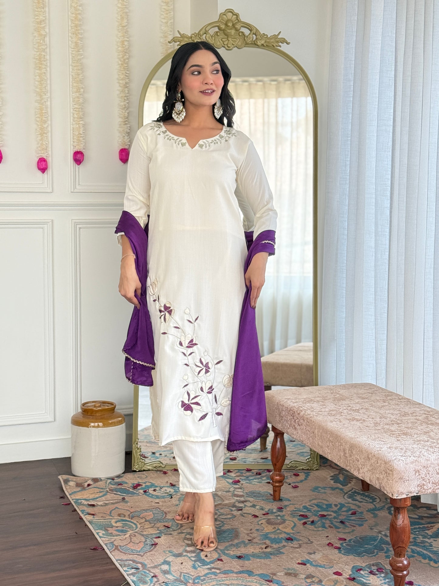 New Designer Embroidered Viscose Rayon Suit Set with Flowing Chinon Dupatta – 3-Piece Ethnic Outfit