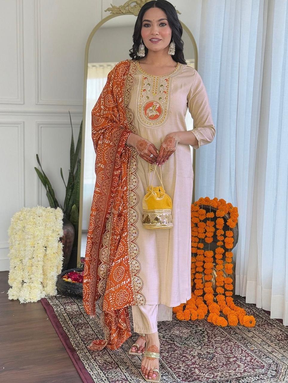 Stylish Heavy Roman Embroidered Suit with Chinon Printed Dupatta – Ready to Wear