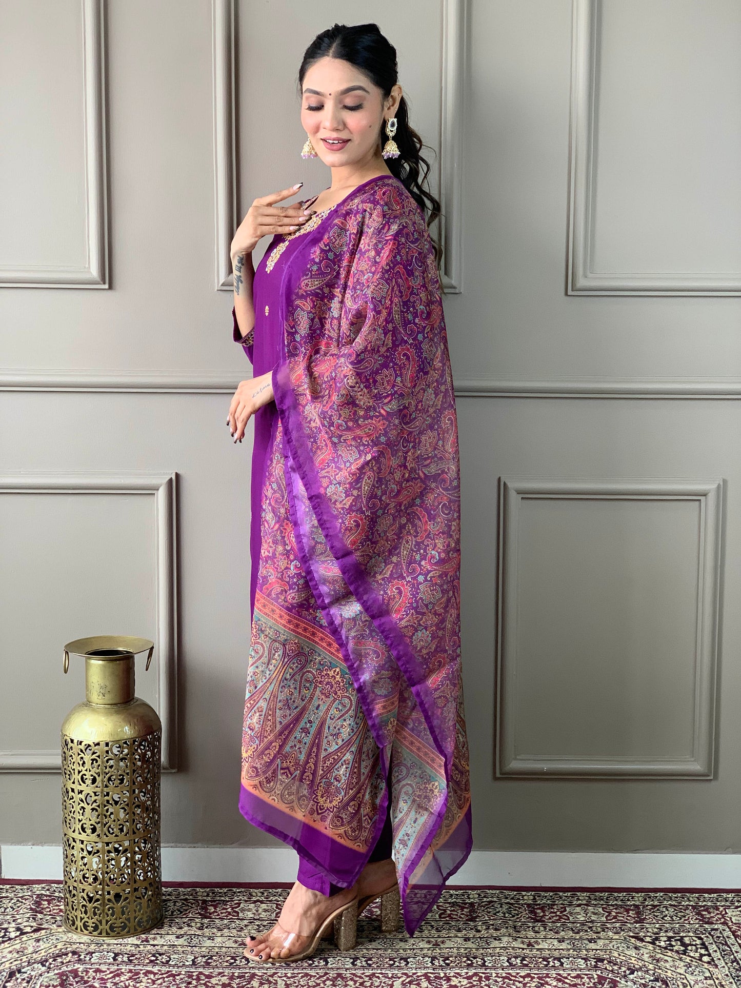 Ready-to-Wear Embroidered Rayon Set with Matching Organza Dupatta