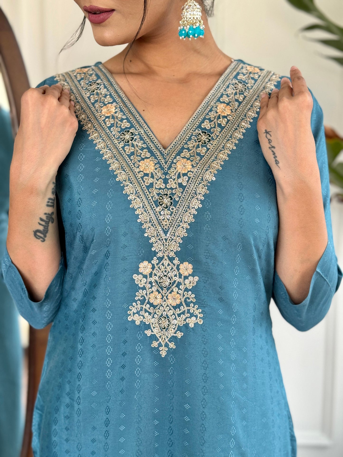Festive Firozi Viscose Rayon Embroidered Kurti Pant Set with Teby Dupatta