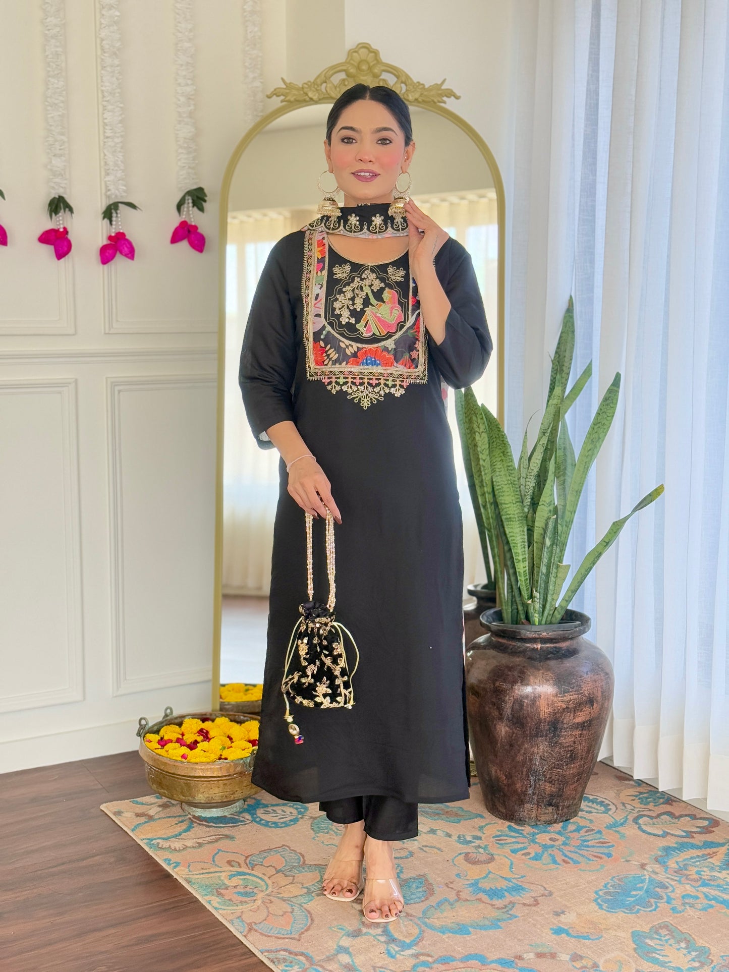 Premium Ethnic Wear Embroidered Viscose Chanderi Suit Set with Elegant Silk Dupatta – 3-Piece