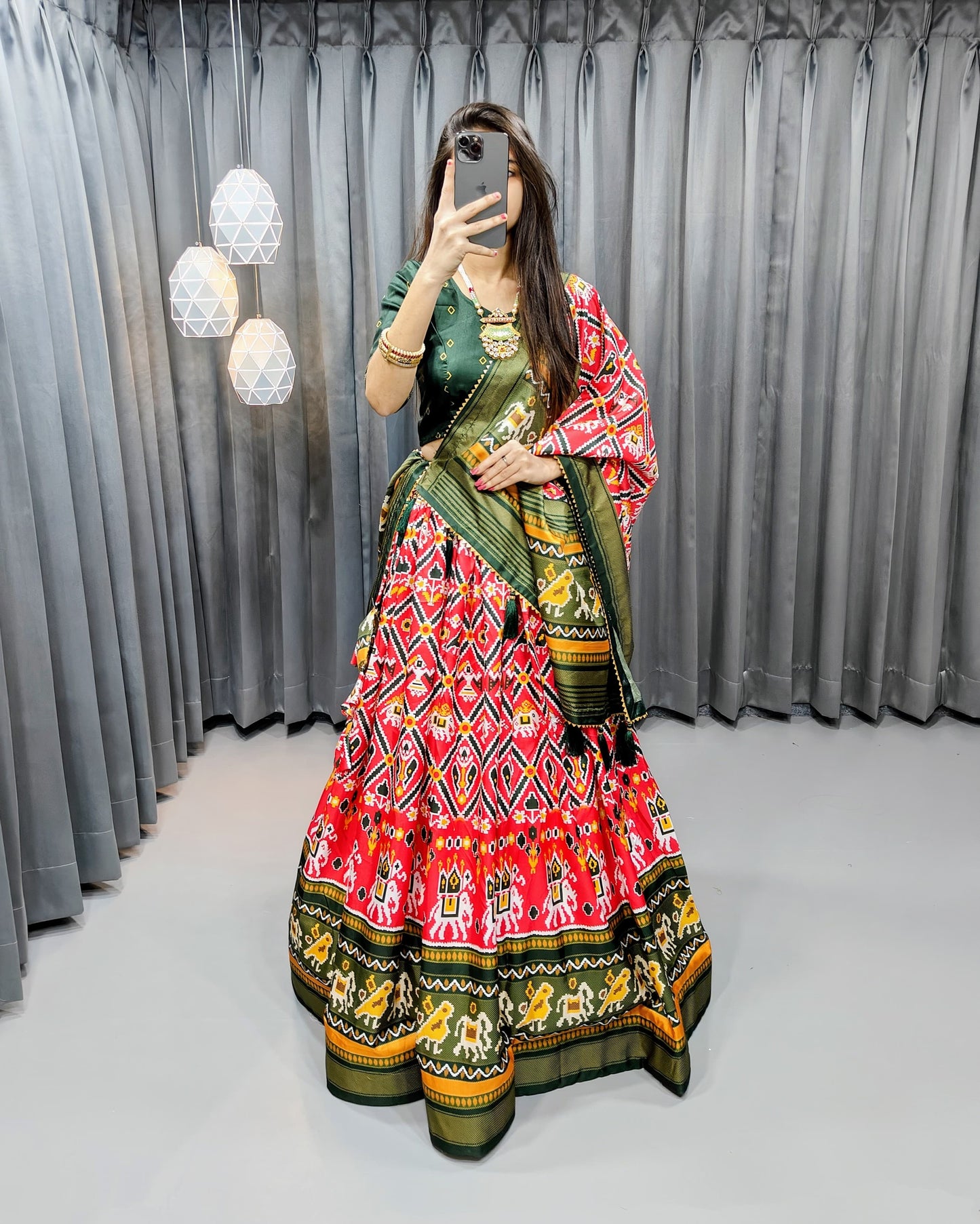 Stitched Tussar Silk Lehenga Choli Set – Printed Design with Fancy Tassels & Lace Dupatta