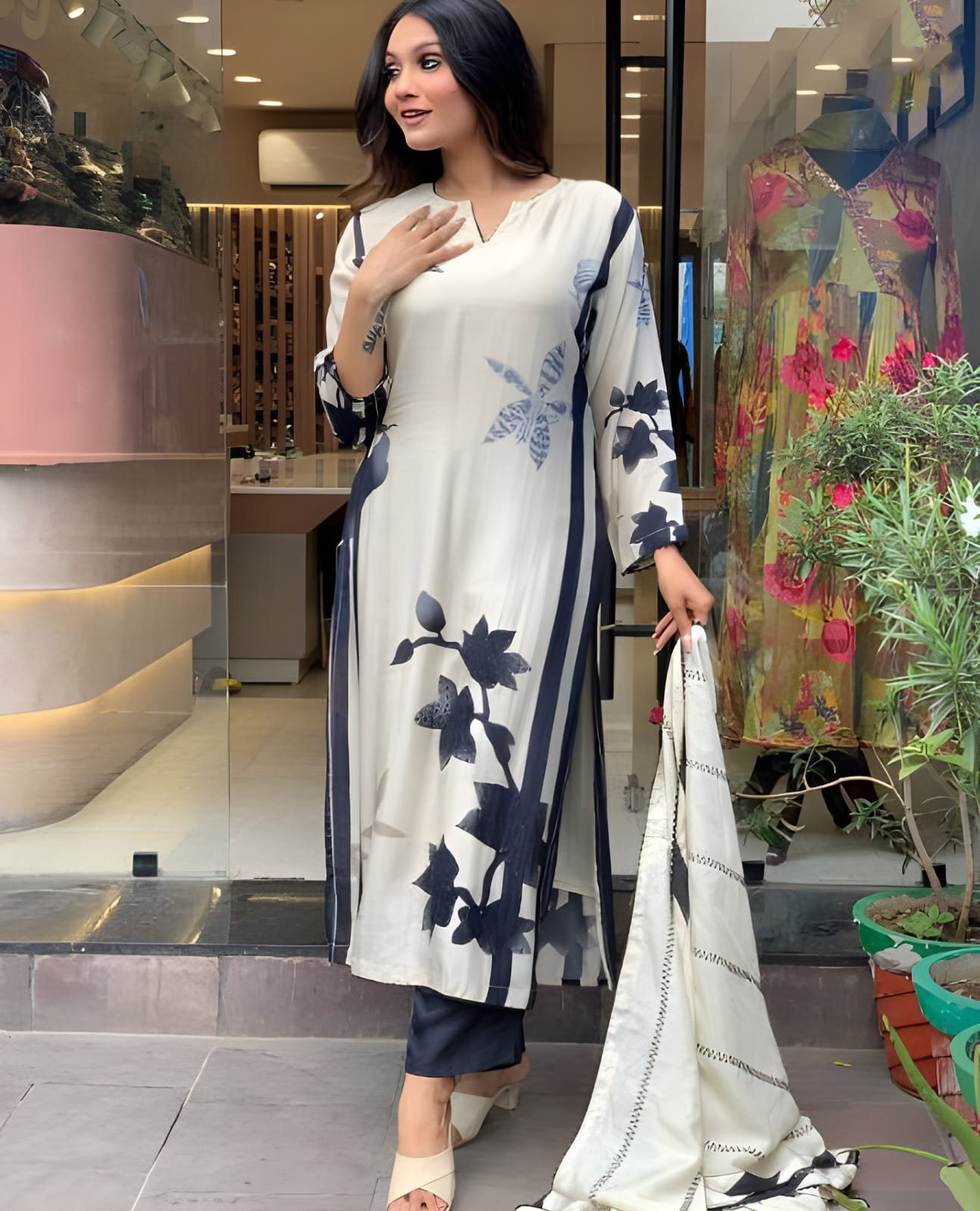 Elegant Ensemble Embroidered Muslin Suit Set with Pure Teby Organza Dupatta – 3-Piece