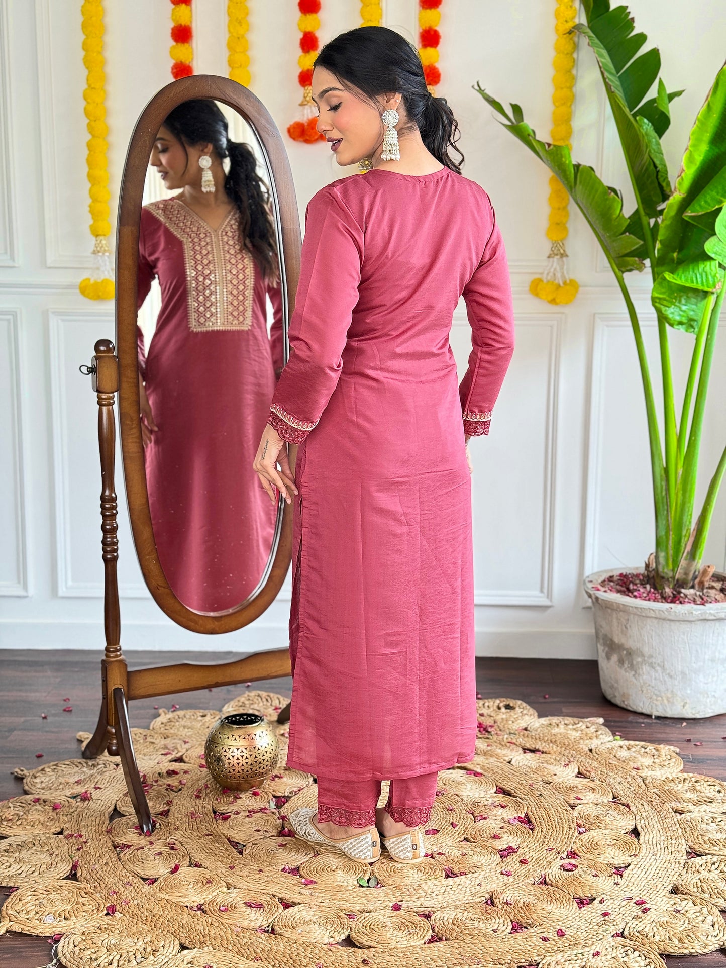 Women’s Viscose Chanderi Kurti Set with Embroidered Nylon Chanderi Dupatta & Pant – Full Sleeves, Designer V Neck