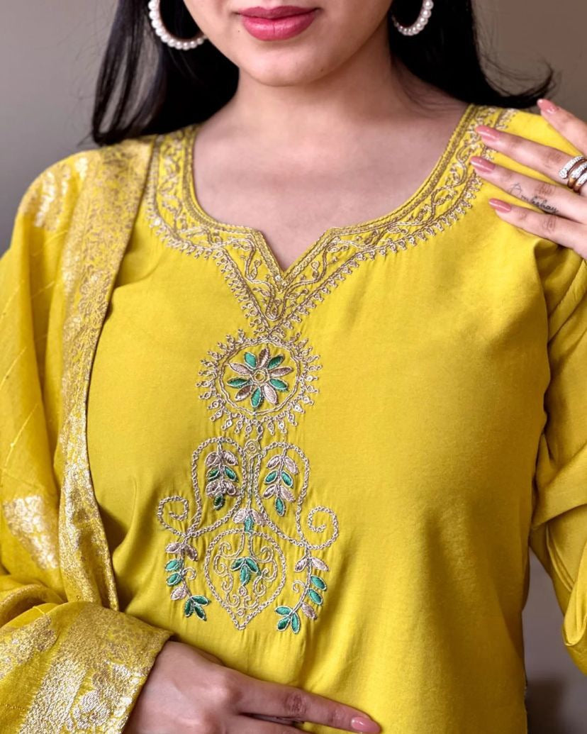 Graceful Ethnic Wear Embroidered Viscose Chanderi Suit Set with Jacquard Dupatta – 3-Piece