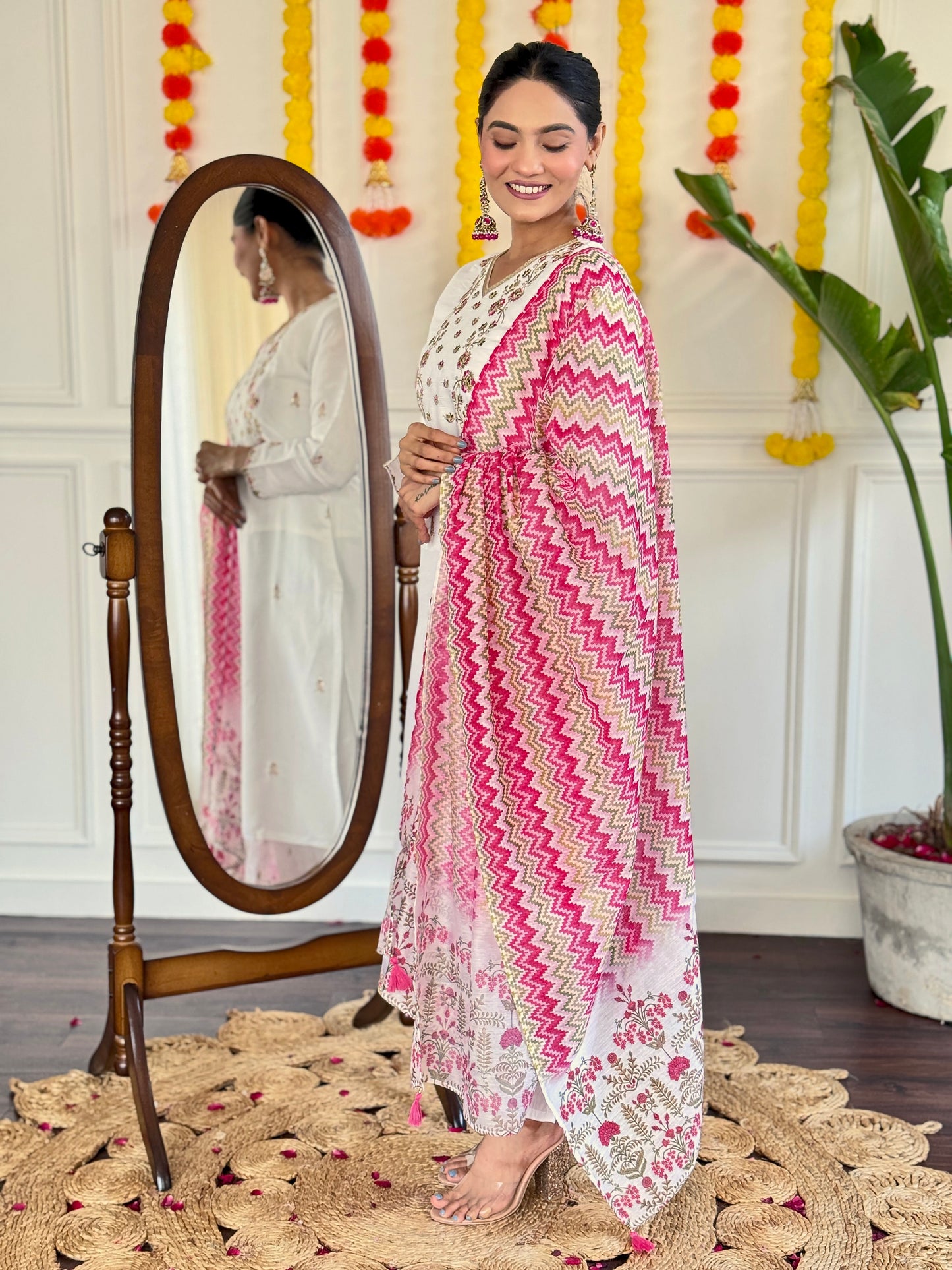Elegant White Viscose Chanderi Kurti Set with Designer V-Neck & Chanderi Dupatta – 3-Piece Ready-to-Wear Ethnic Suit for Women