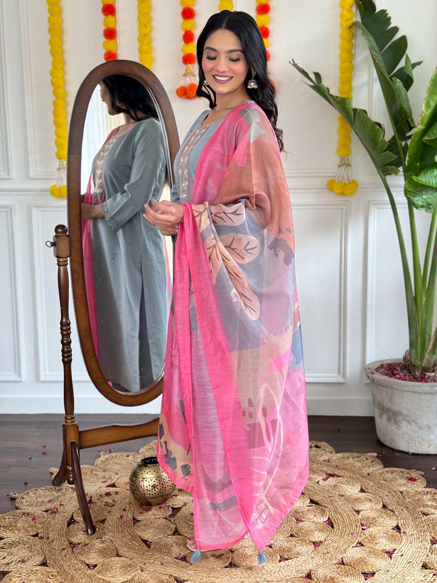 Festive Ready Embroidered Chanderi Suit with Lightweight Linen Dupatta