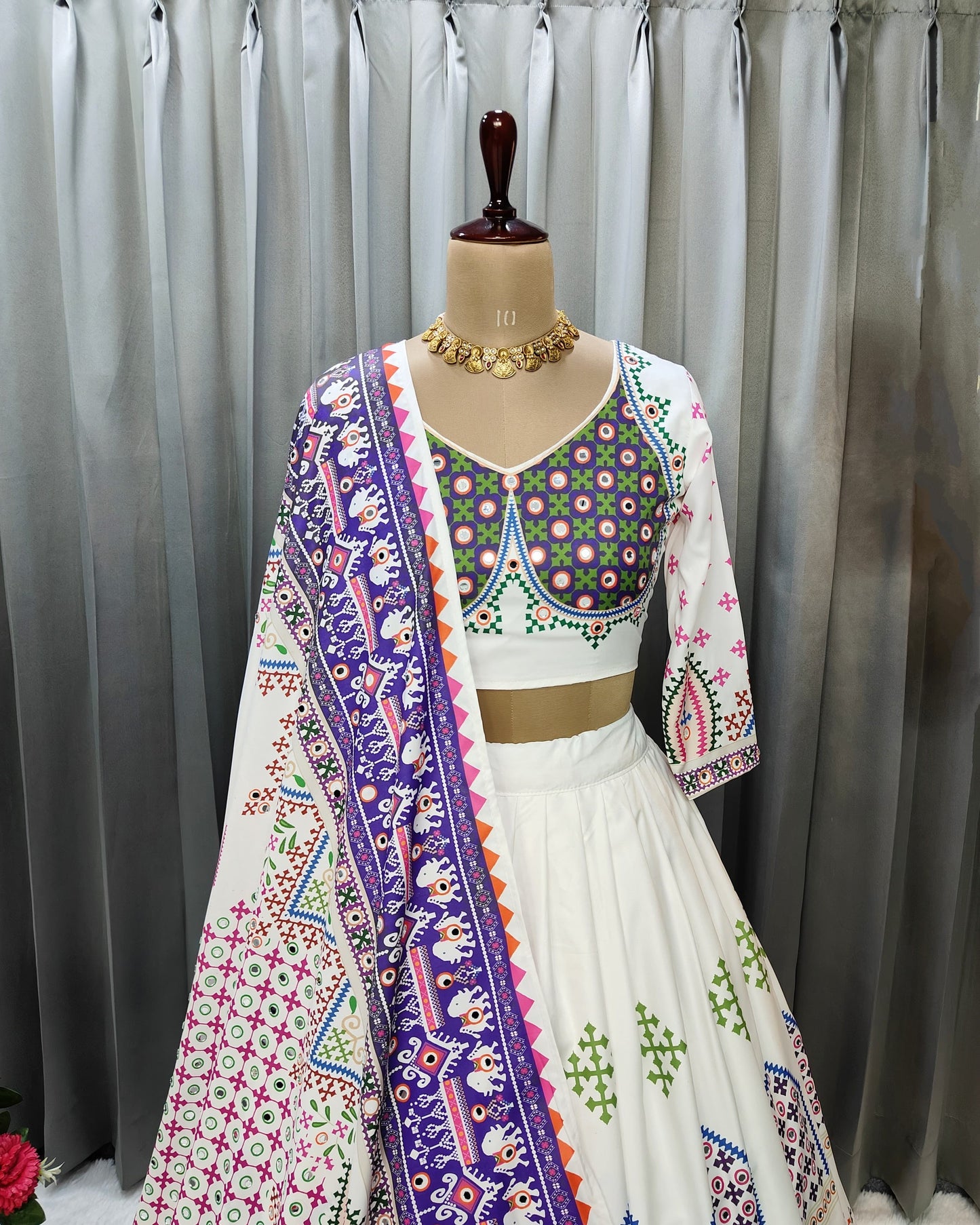 Ready-Made Butter Silk Lehenga Set – Digital Print & Mirror Detailing