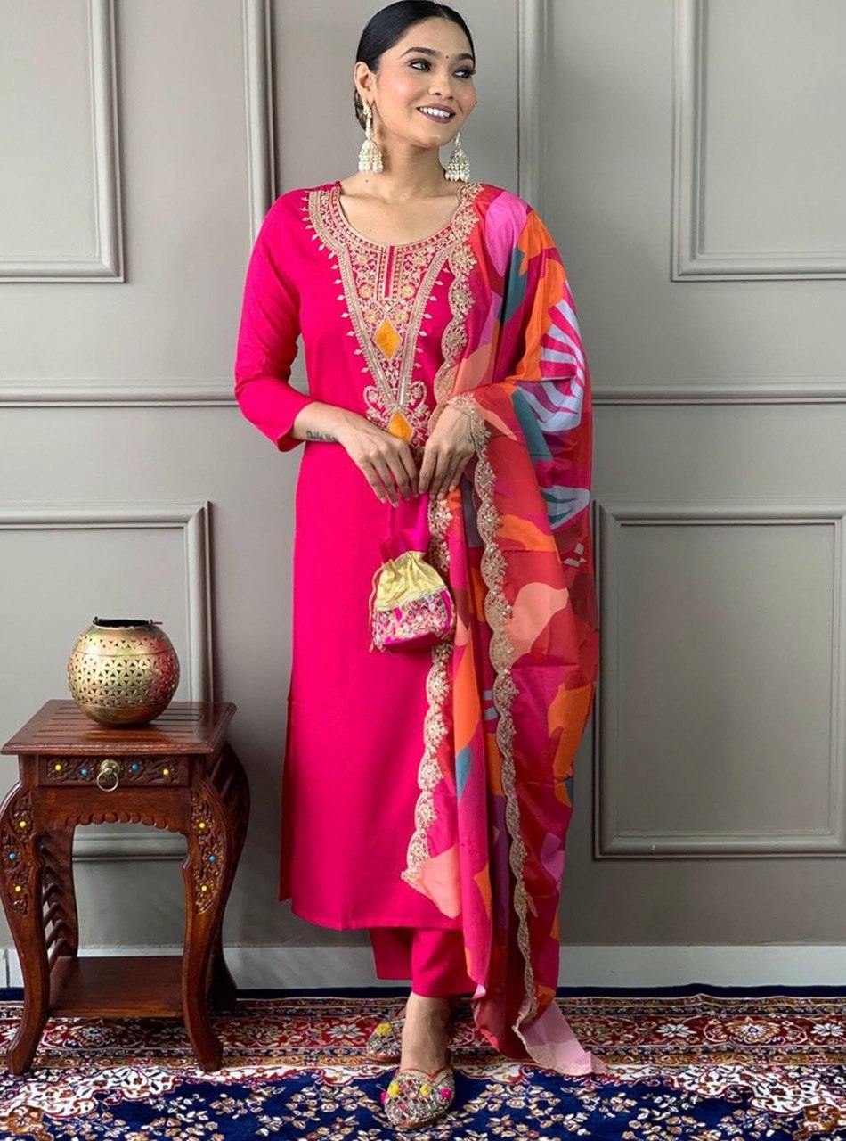 Premium Heavy Roman Fabric Embroidered Suit Set with Chinon Digital Print Dupatta – Ready to Wear