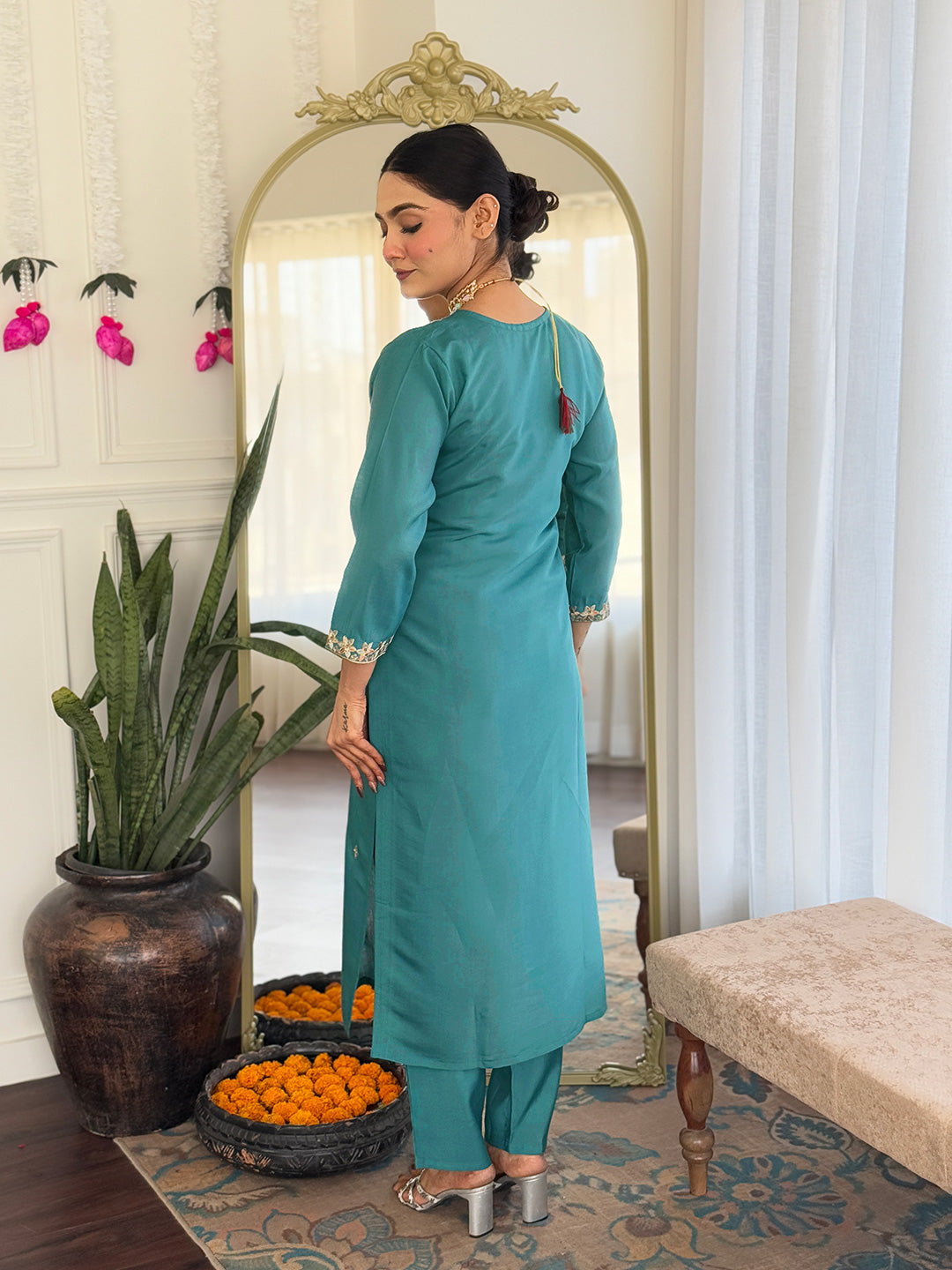 Women's Viscose Chanderi Embroidered Kurta with Pant & Nylon Jacquard Dupatta | Elegant Readymade 3-Piece Suit Set | Ethnic Wear for Festive, Semi-Formal & Daily Occasions