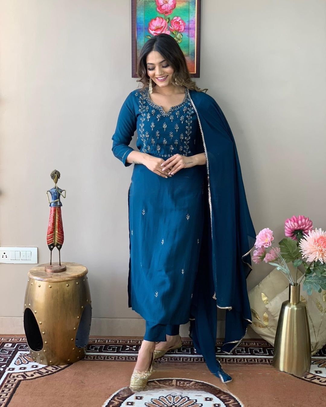New Latest Embroidered Rayon Slub Suit Set with Pure Chinon Dupatta