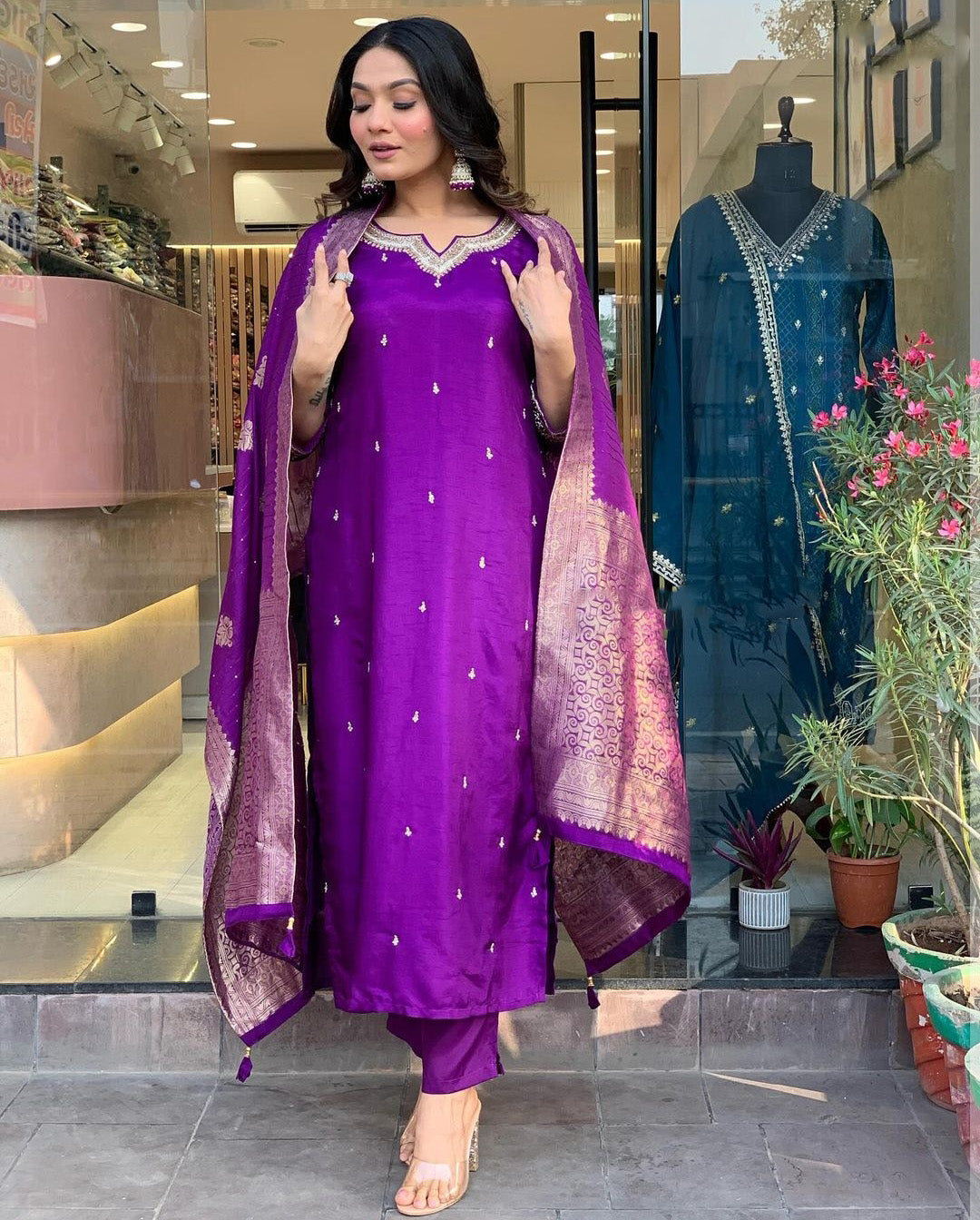 Designer Chanderi Kurti Set with Embroidery & Jacquard Dupatta