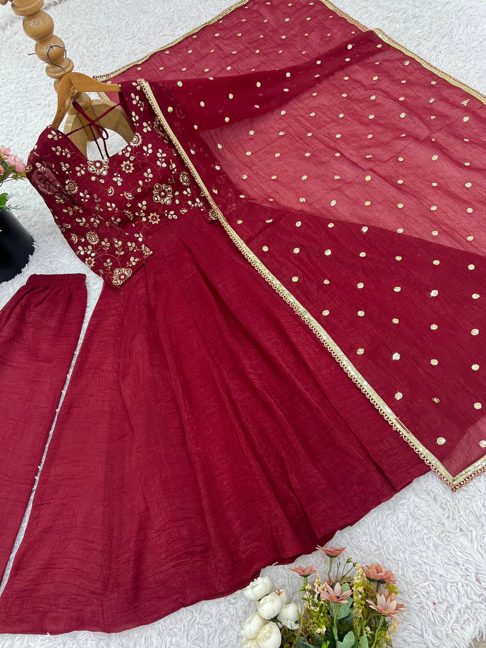 Premium Women’s Ethnic Wear Crunchy Silk Gown Set with Embroidered Dupatta & Matching Pant