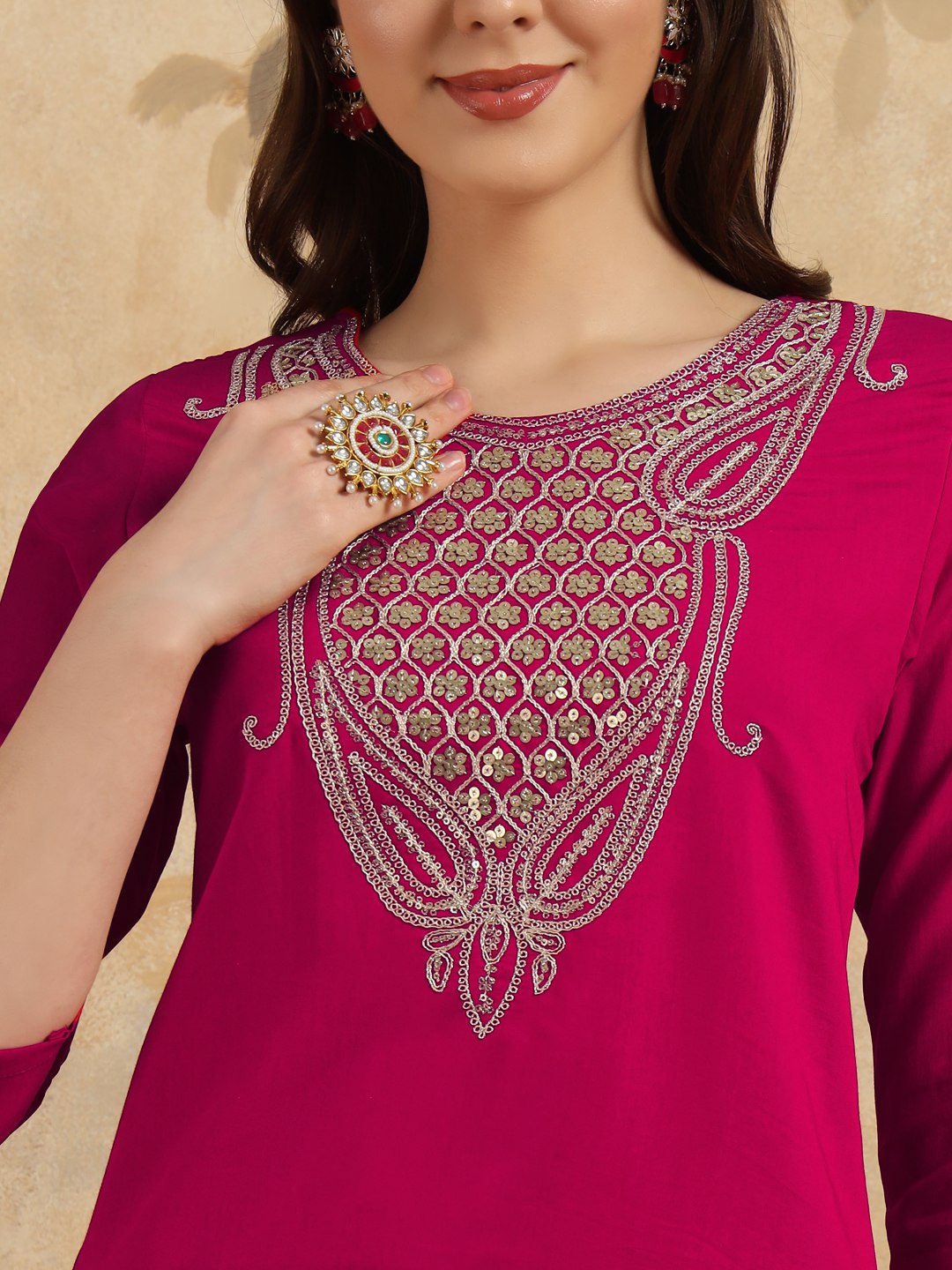 Traditional Embroidered Viscose Chanderi Kurti Pant Set with Nylon Chanderi Dupatta
