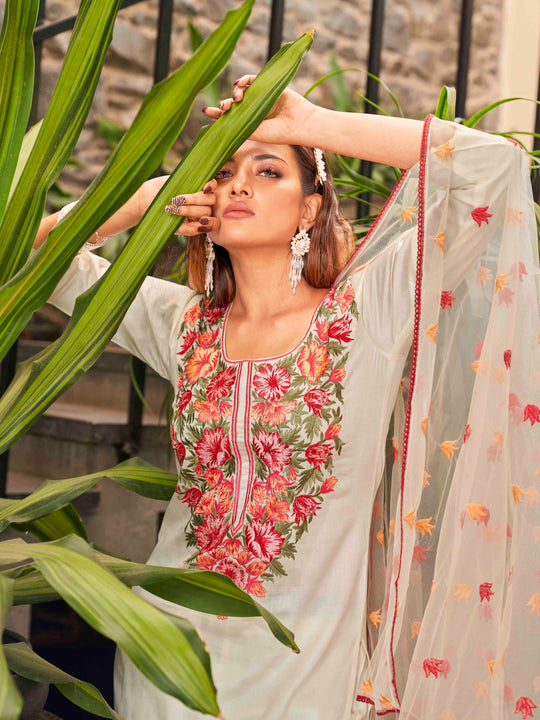 Women's Viscose Chanderi Embroidered Kurta with Pant & Soft Butter Net Dupatta | Readymade 3-Piece Ethnic Suit Set | Elegant & Lightweight Wear for Festive, Party & Semi-Formal Occasions