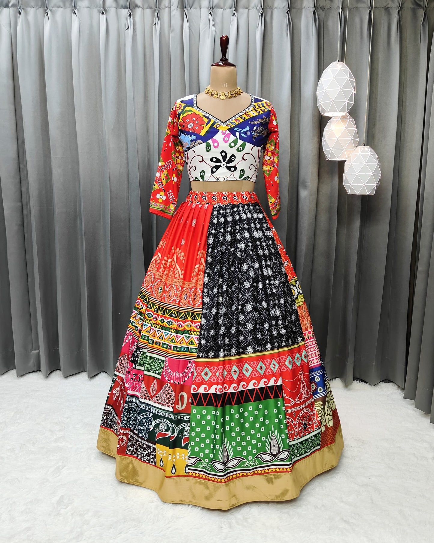 Festive Chic Butter Silk Lehenga Choli – Fully Stitched with Mirror Glam